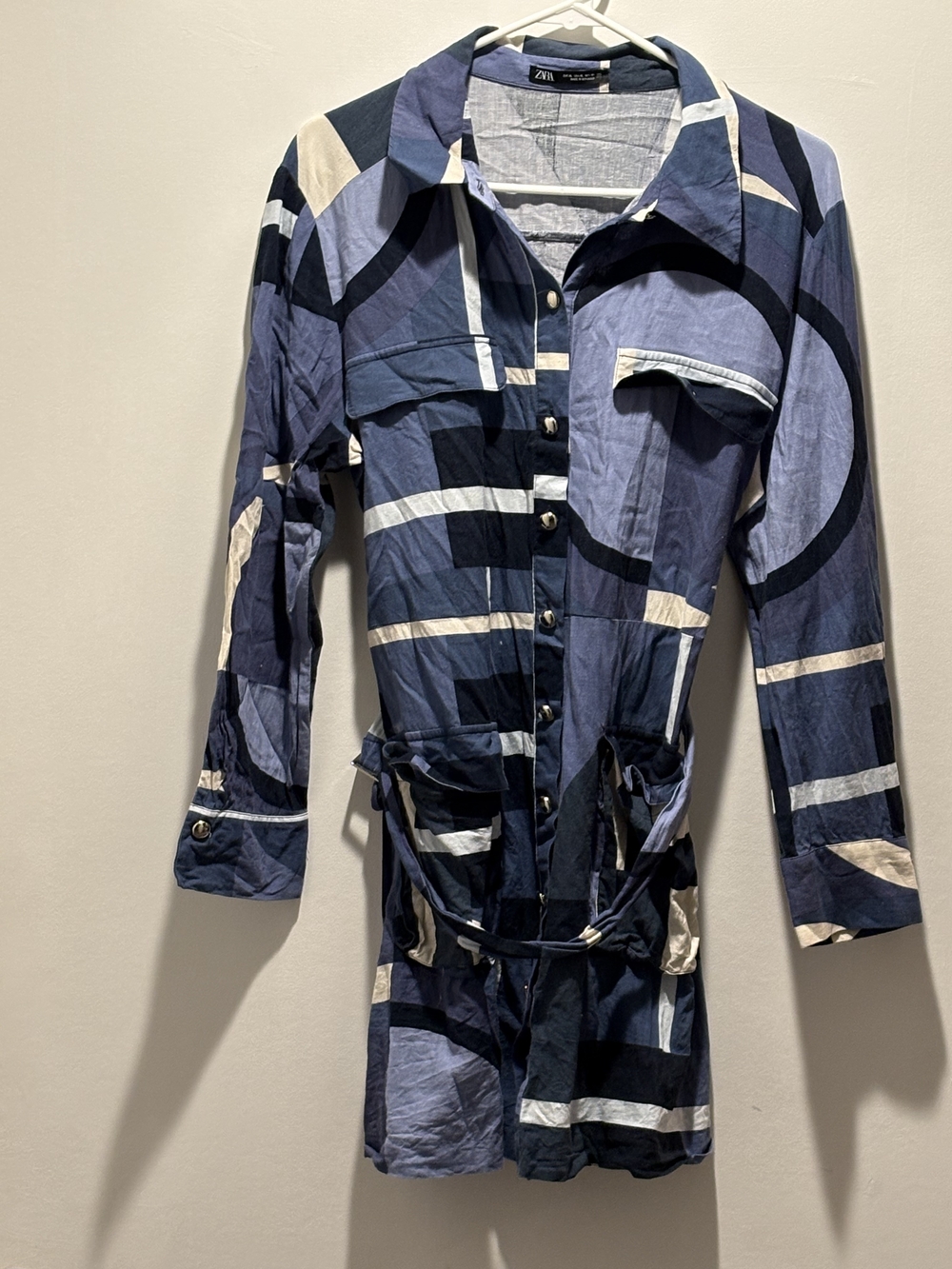 Zara Navy Geometric Shirt Dress Jacket